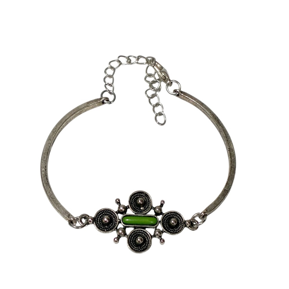 Silvertone Bracelet‎ Mesa Flower Green Adjustable
